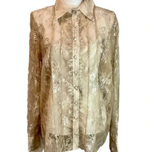 Mauve Women’s Dressy Formal Lace Long Sleeve Button Down Sheer Collar Blouse NEW